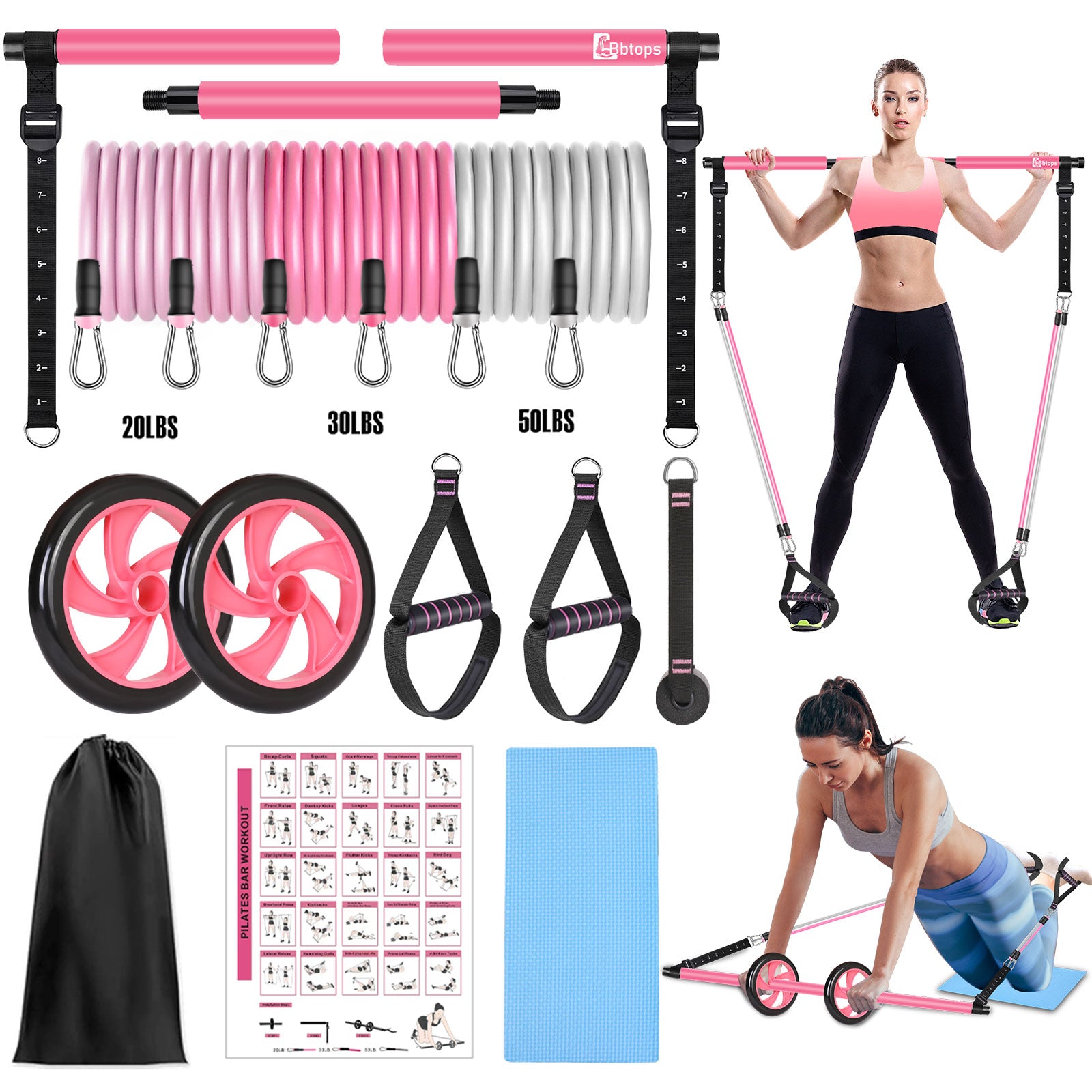 Bbtops Pilates Bar Kit with 6x Resistance Bands and Ab Roller