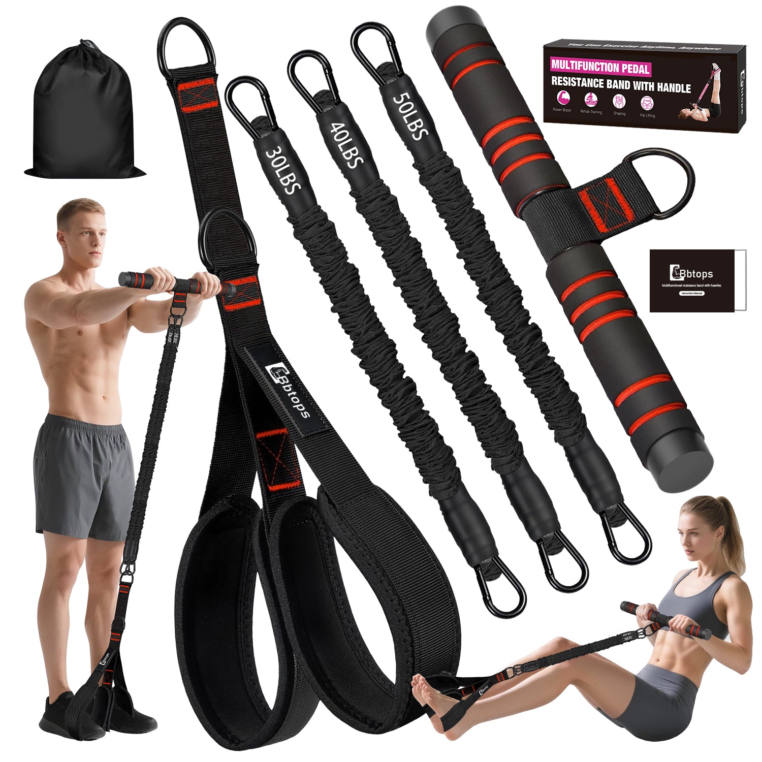 Bbtops Pedal Resistance Band with Handle, 30-120LBS Adjustable 3-Tube Foot Resistance Bands for Home Workout, Core Abs Legs Arms Training, Portable Sit Up Exercise Equipment for Women Men Blac