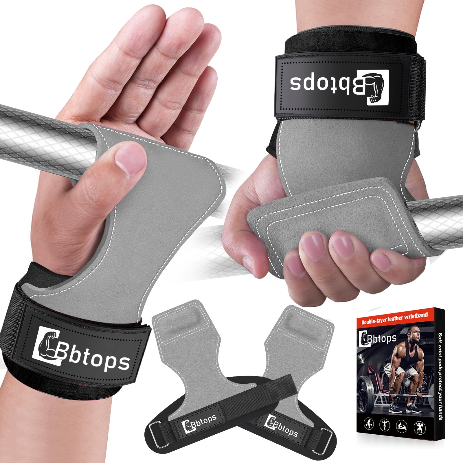Weight Lifting Wrist Strap, Double-Layer Leather Wrist Straps for Gym Strength Training Weightlifting,Deadlift and Powerlifting, Enhance Grip Strength Neoprene Padding Gym Workout Lifting Straps Men/Women Pair Grey