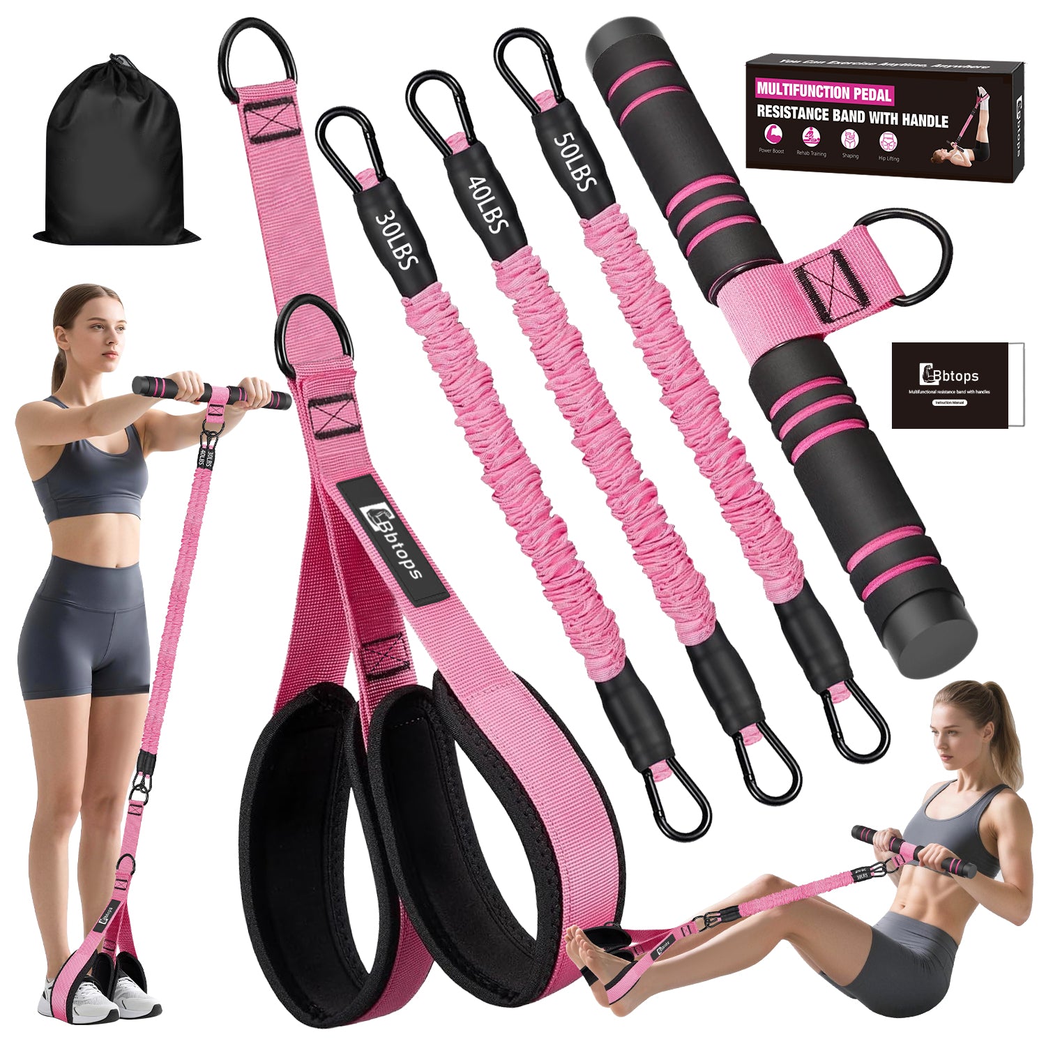 Bbtops Pedal Resistance Band with Handle, 30-120LBS Adjustable 3-Tube Foot Resistance Bands for Home Workout, Core Abs Legs Arms Training, Portable Sit Up Exercise Equipment for Women Men Pink