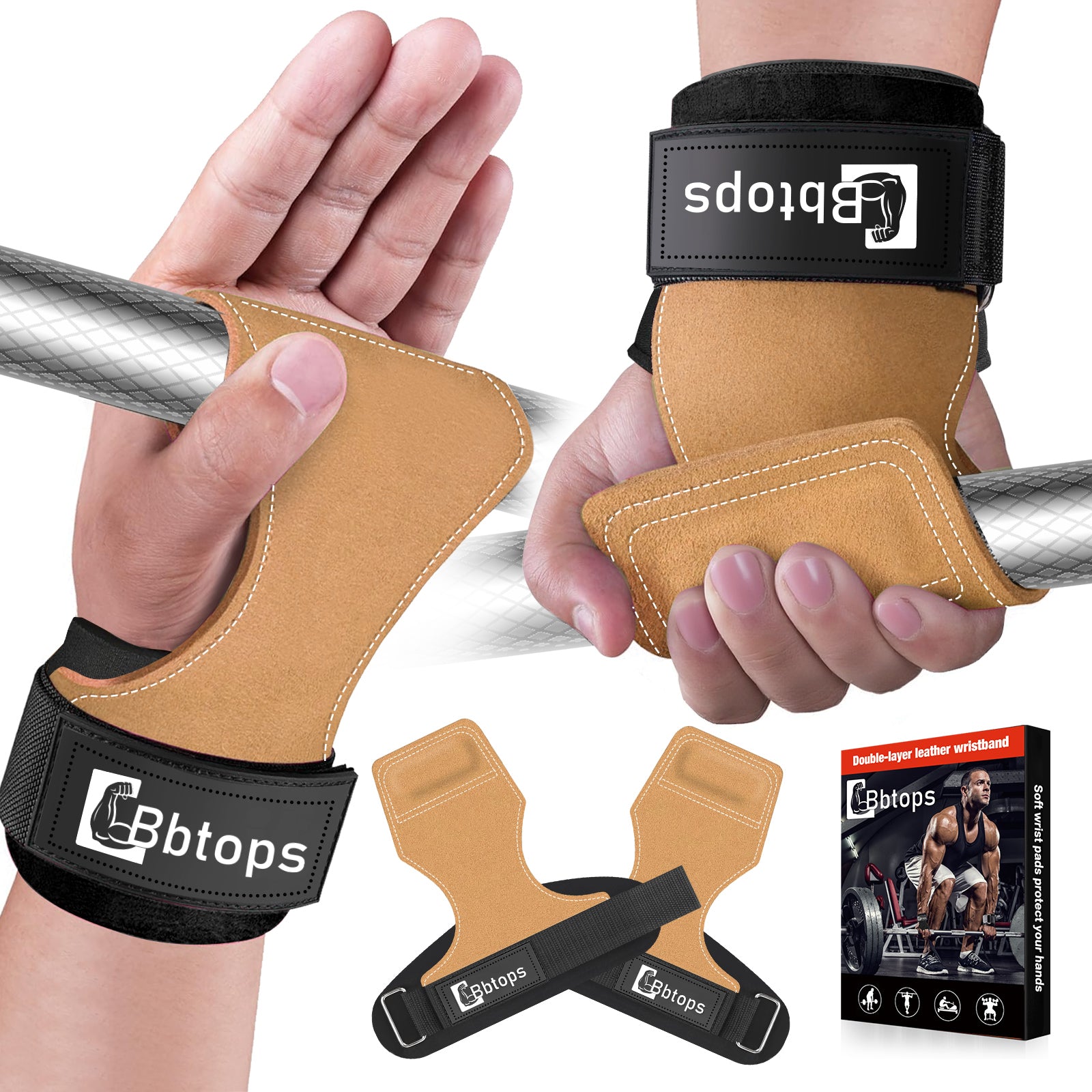 Weight Lifting Wrist Strap, Double-Layer Leather Wrist Straps for Gym Strength Training Weightlifting,Deadlift and Powerlifting, Enhance Grip Strength Neoprene Padding Gym Workout Lifting Straps Men/Women Pair Brown