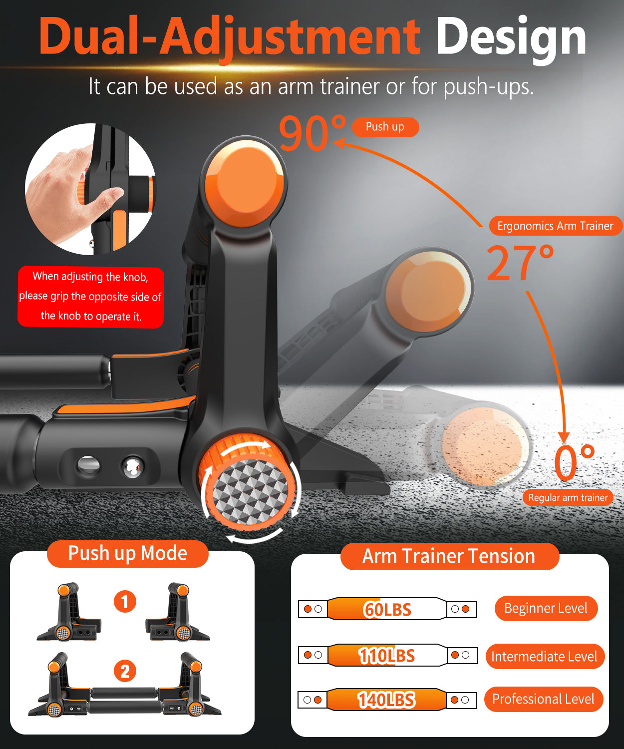 Twister Arm Trainer - 3-in-1 Adjustable Chest Workout Equipment,Portable Home Gym Chest & Arm Workout, Push Up Bars, 60-140lbs Resistance for Men Women Orange