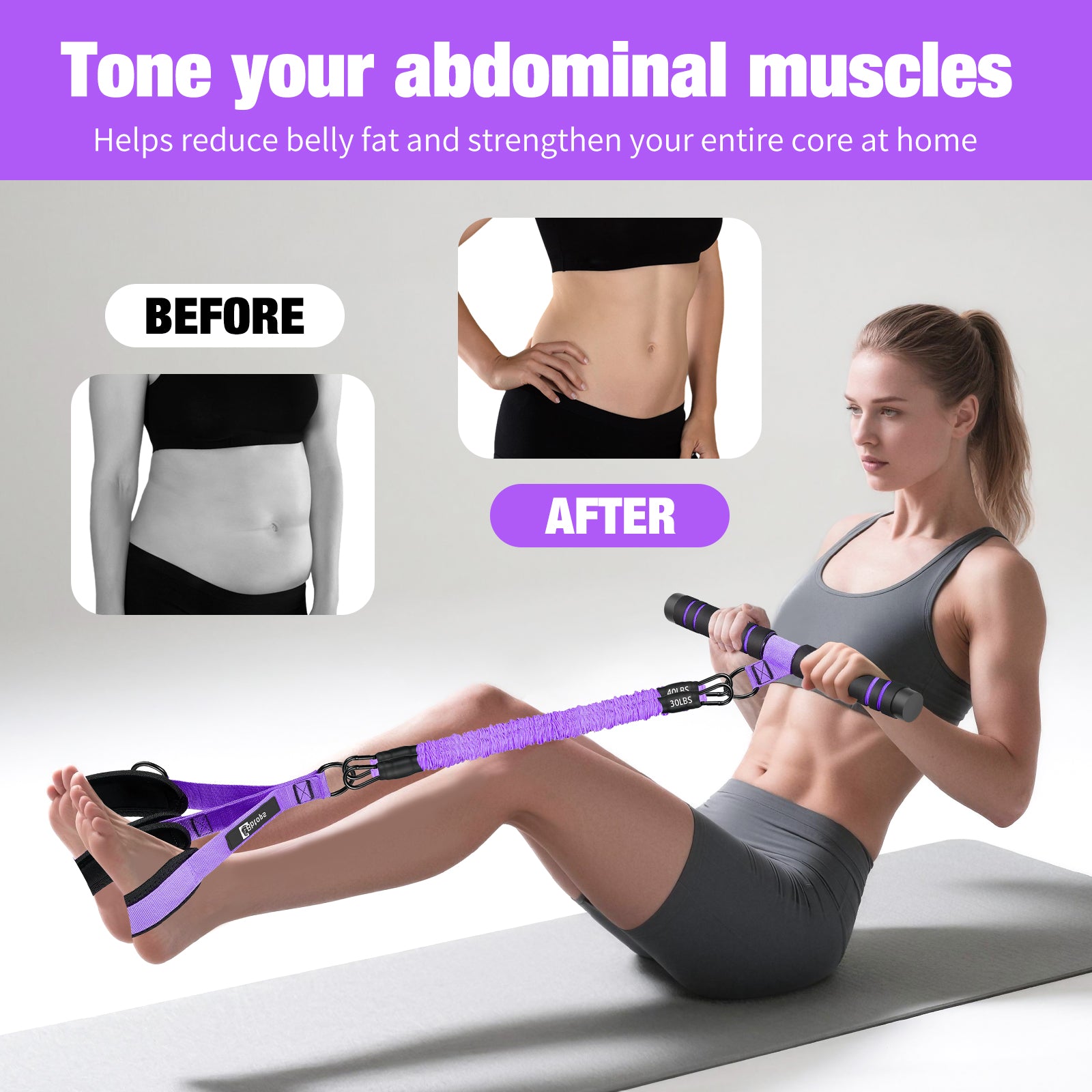 Bbtops Pedal Resistance Band with Handle, 30-120LBS Adjustable 3-Tube Foot Resistance Bands for Home Workout, Core Abs Legs Arms Training, Portable Sit Up Exercise Equipment for Women Men Purple