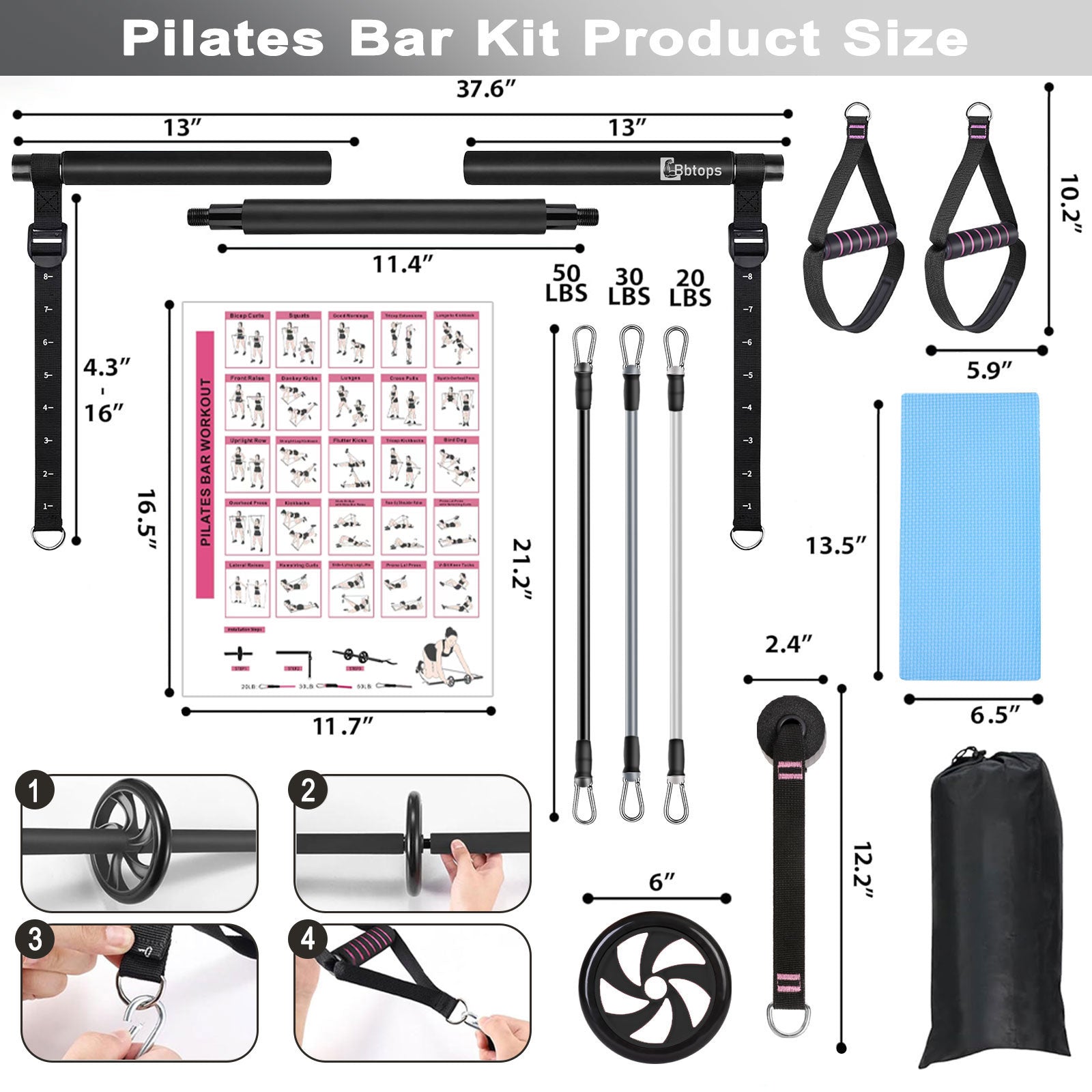 Bbtops Pilates Bar Kit with 6x Resistance Bands and Ab Roller