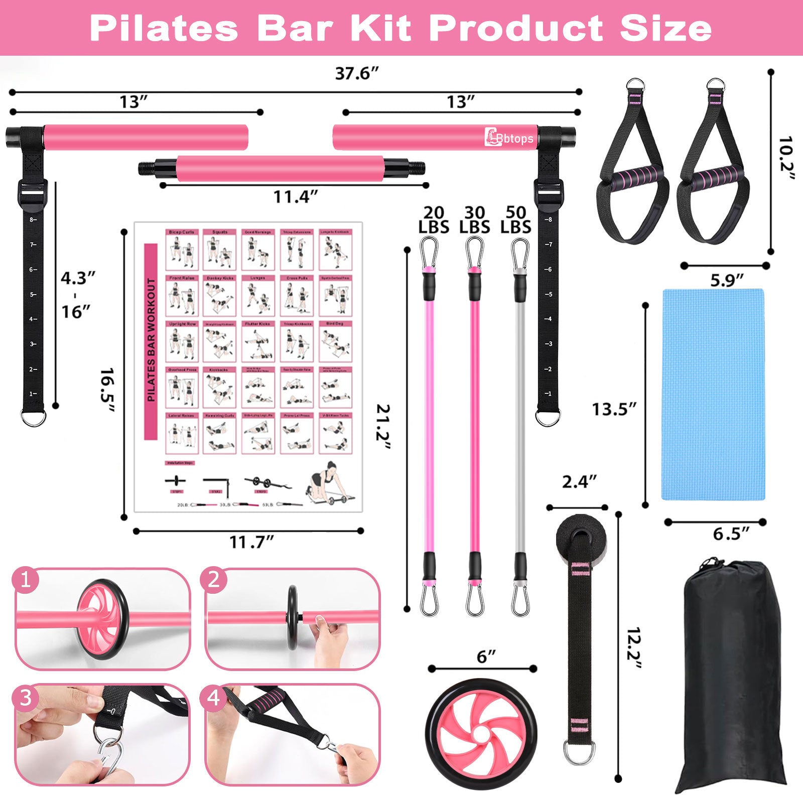 Bbtops Pilates Bar Kit with 6x Resistance Bands and Ab Roller