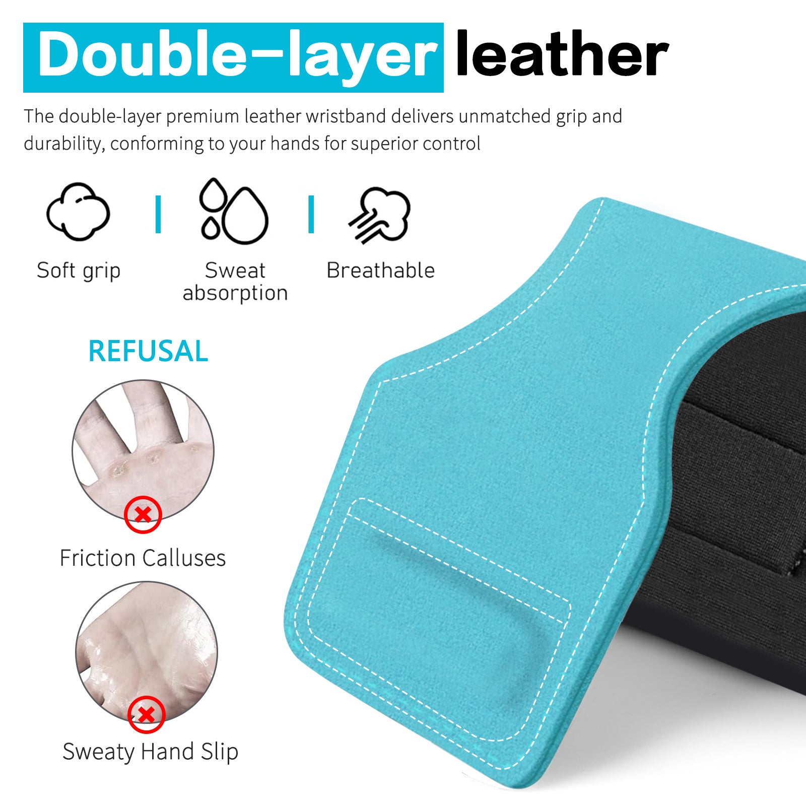 Weight Lifting Wrist Strap, Double-Layer Leather Wrist Straps for Gym Strength Training Weightlifting,Deadlift and Powerlifting, Enhance Grip Strength Neoprene Padding Gym Workout Lifting Straps Men/Women Pair Blue