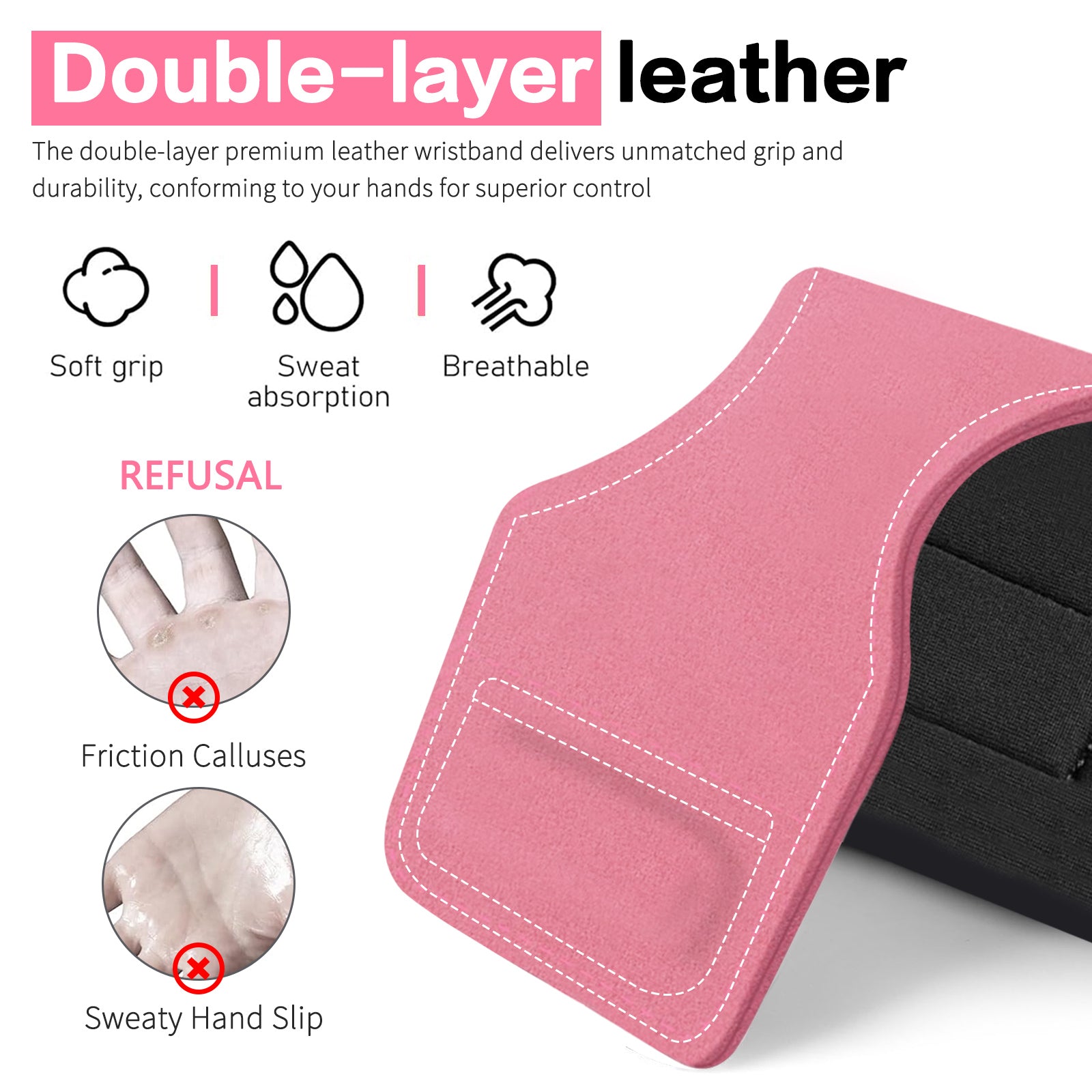 Weight Lifting Wrist Strap, Double-Layer Leather Wrist Straps for Gym Strength Training Weightlifting,Deadlift and Powerlifting, Enhance Grip Strength Neoprene Padding Gym Workout Lifting Straps Men/Women Pair Pink
