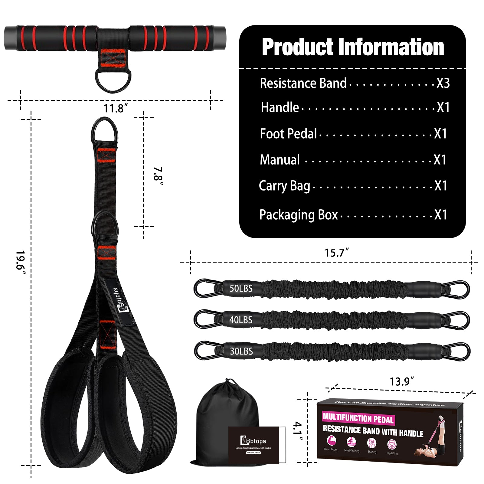 Bbtops Pedal Resistance Band with Handle, 30-120LBS Adjustable 3-Tube Foot Resistance Bands for Home Workout, Core Abs Legs Arms Training, Portable Sit Up Exercise Equipment for Women Men Blac