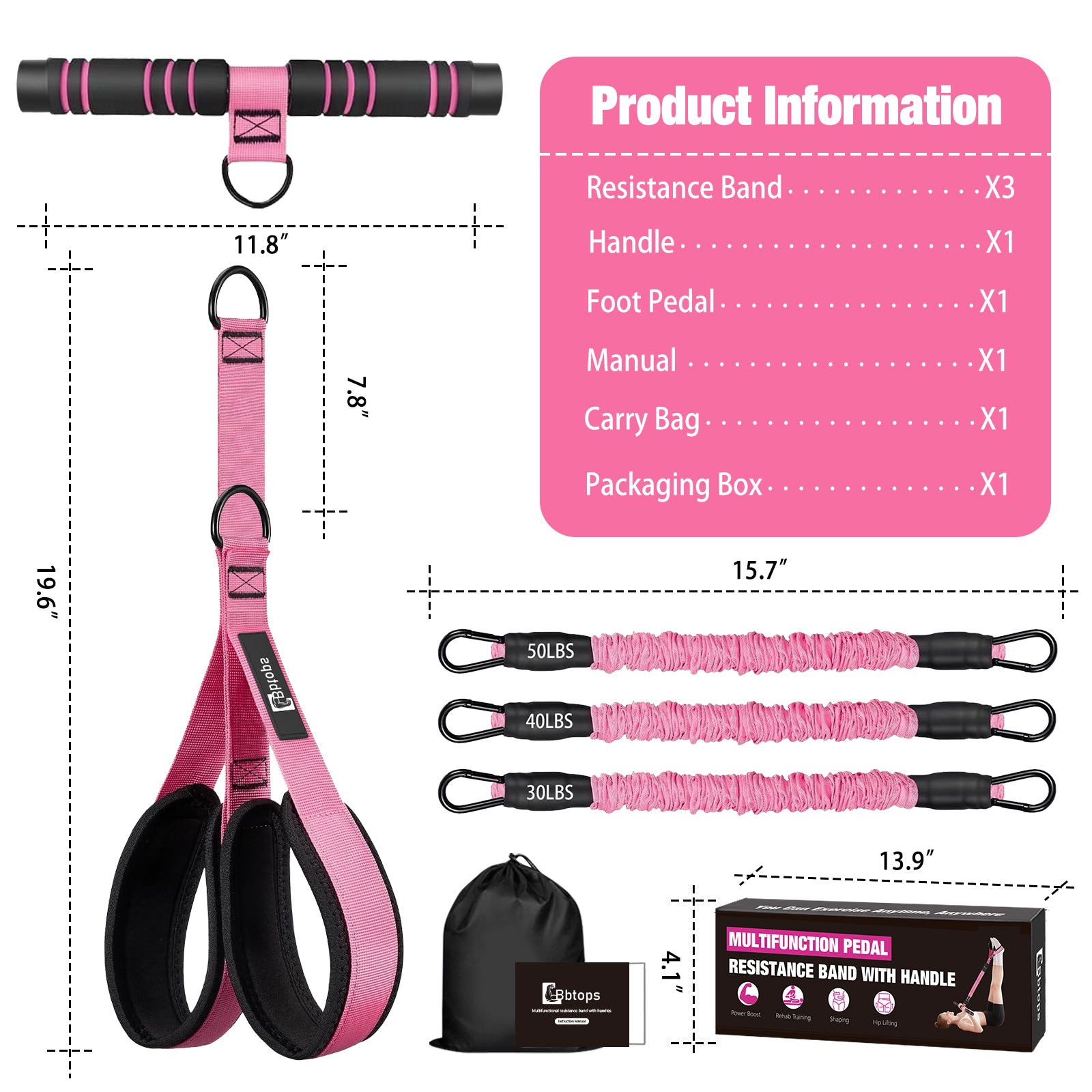 Bbtops Pedal Resistance Band with Handle, 30-120LBS Adjustable 3-Tube Foot Resistance Bands for Home Workout, Core Abs Legs Arms Training, Portable Sit Up Exercise Equipment for Women Men Pink