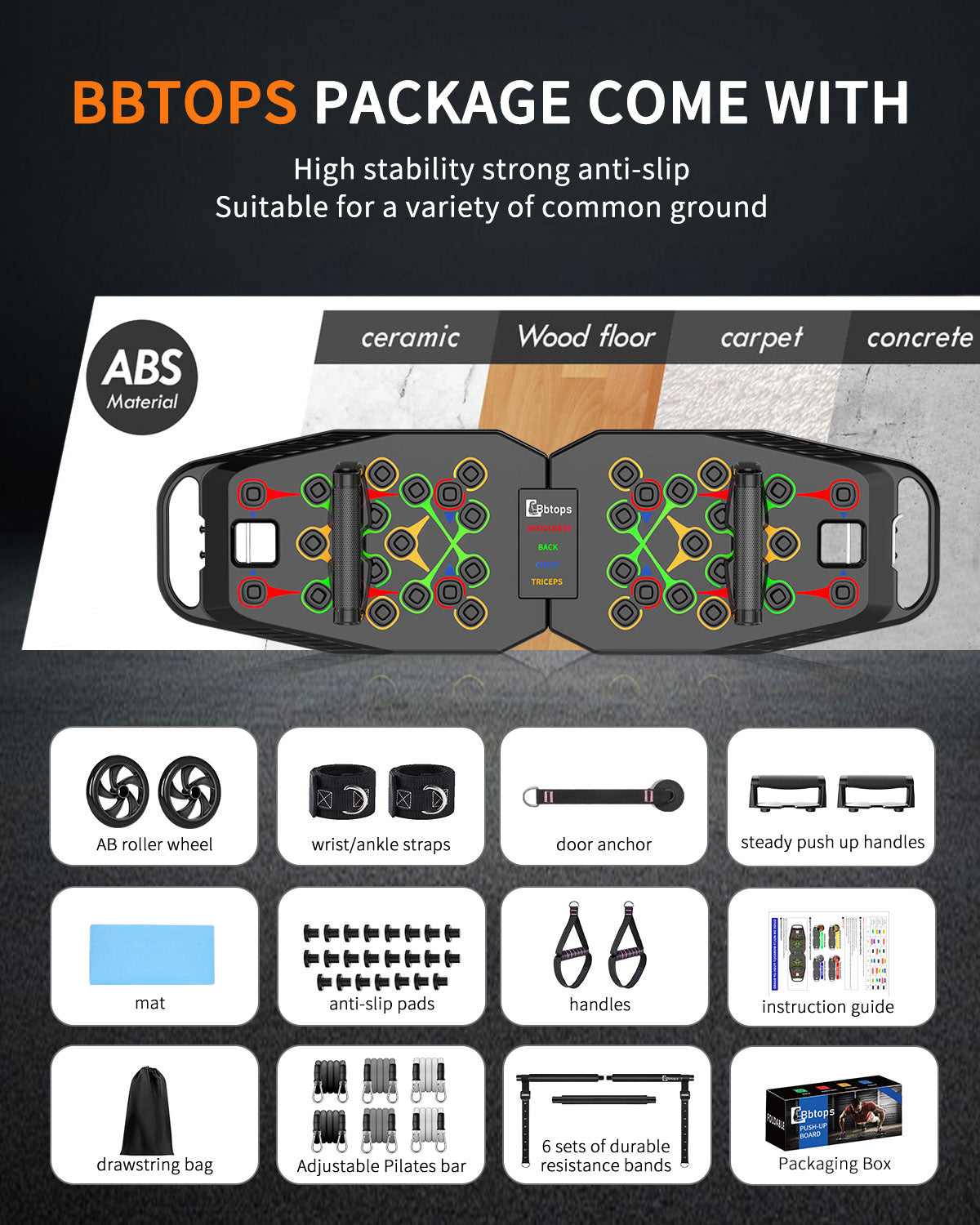 Push Up Board with Pilates Bar & 20 Fitness Accessories with Resistance Bands