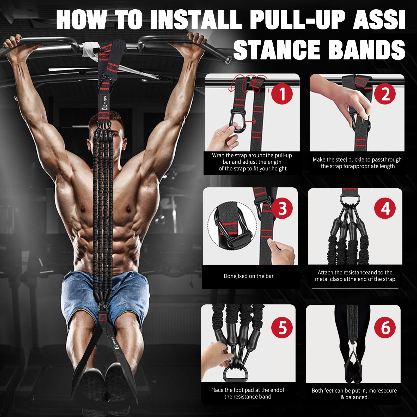 Pull Up Assistance Bands Set, 300 lbs Max Heavy Duty Resistance Bands with Adjustable Strap, Non-Slip Handle & Door Anchor, Full Body Strength Training Workout Equipment for Home Gym Fitness Black