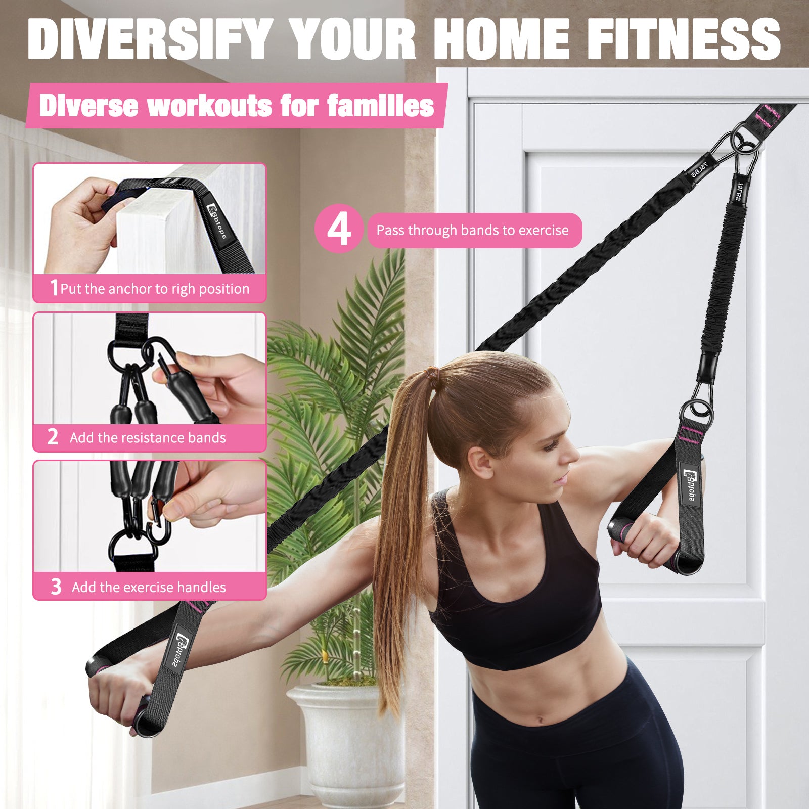 Pull Up Assistance Bands Set, 300 lbs Max Heavy Duty Resistance Bands with Adjustable Strap, Non-Slip Handle & Door Anchor, Full Body Strength Training Workout Equipment for Home Gym Fitness Pink