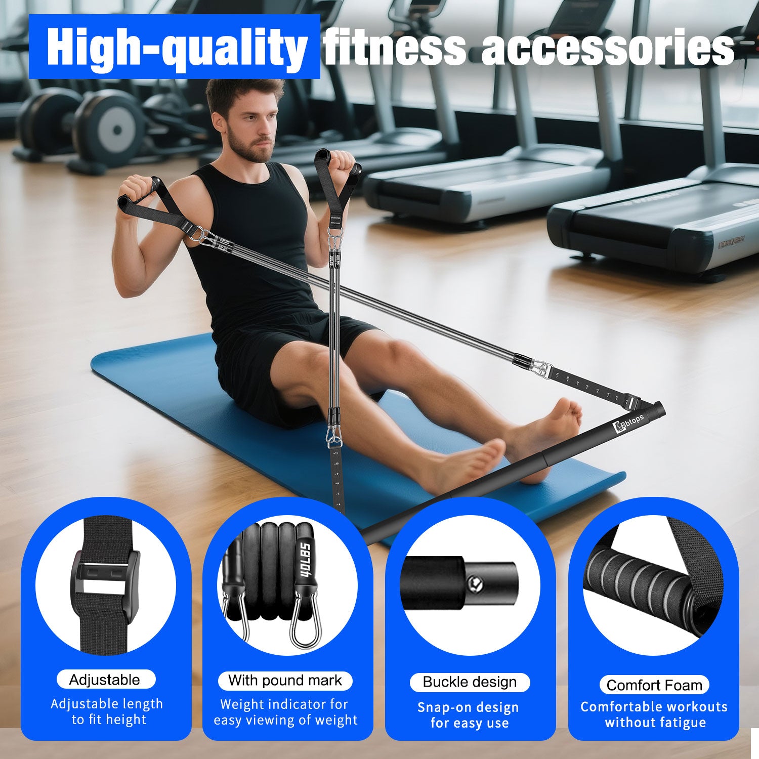 Bbtops Pilates Bar Kit with Resistance Bands,Pilates Bar with Stackable Bands Workout Equipment for Legs,Hip,Waist and Arm,Exercise Fitness Equipment for Women & Men Home Gym Yoga Pilates Black