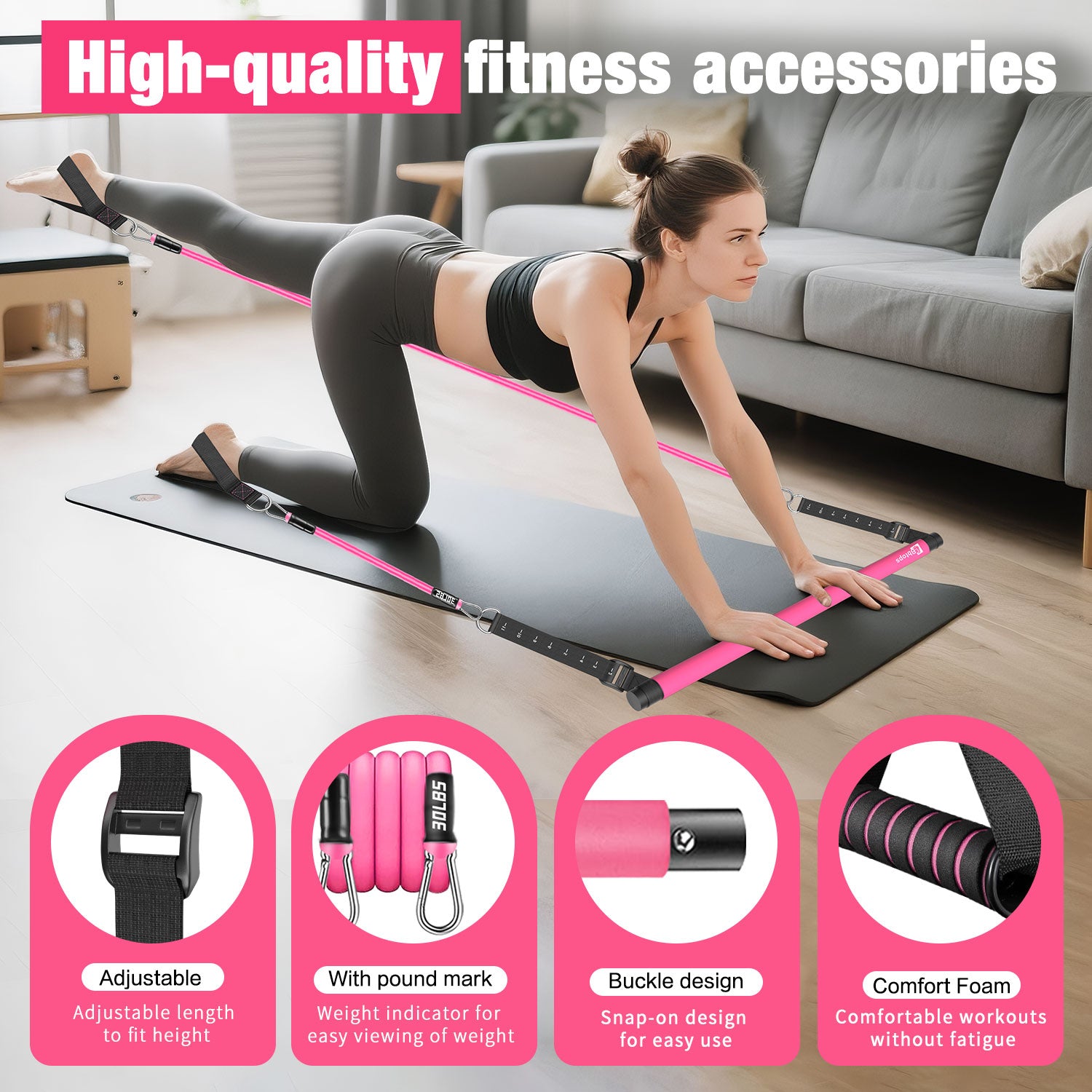 Bbtops Pilates Bar Kit with Resistance Bands,Pilates Bar with Stackable Bands Workout Equipment for Legs,Hip,Waist and Arm,Exercise Fitness Equipment for Women & Men Home Gym Yoga Pilates Pink