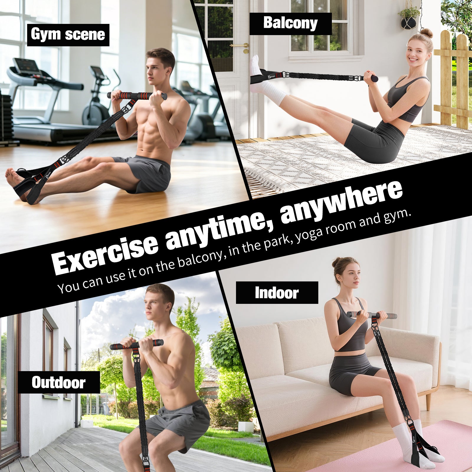 Bbtops Pedal Resistance Band with Handle, 30-120LBS Adjustable 3-Tube Foot Resistance Bands for Home Workout, Core Abs Legs Arms Training, Portable Sit Up Exercise Equipment for Women Men Blac