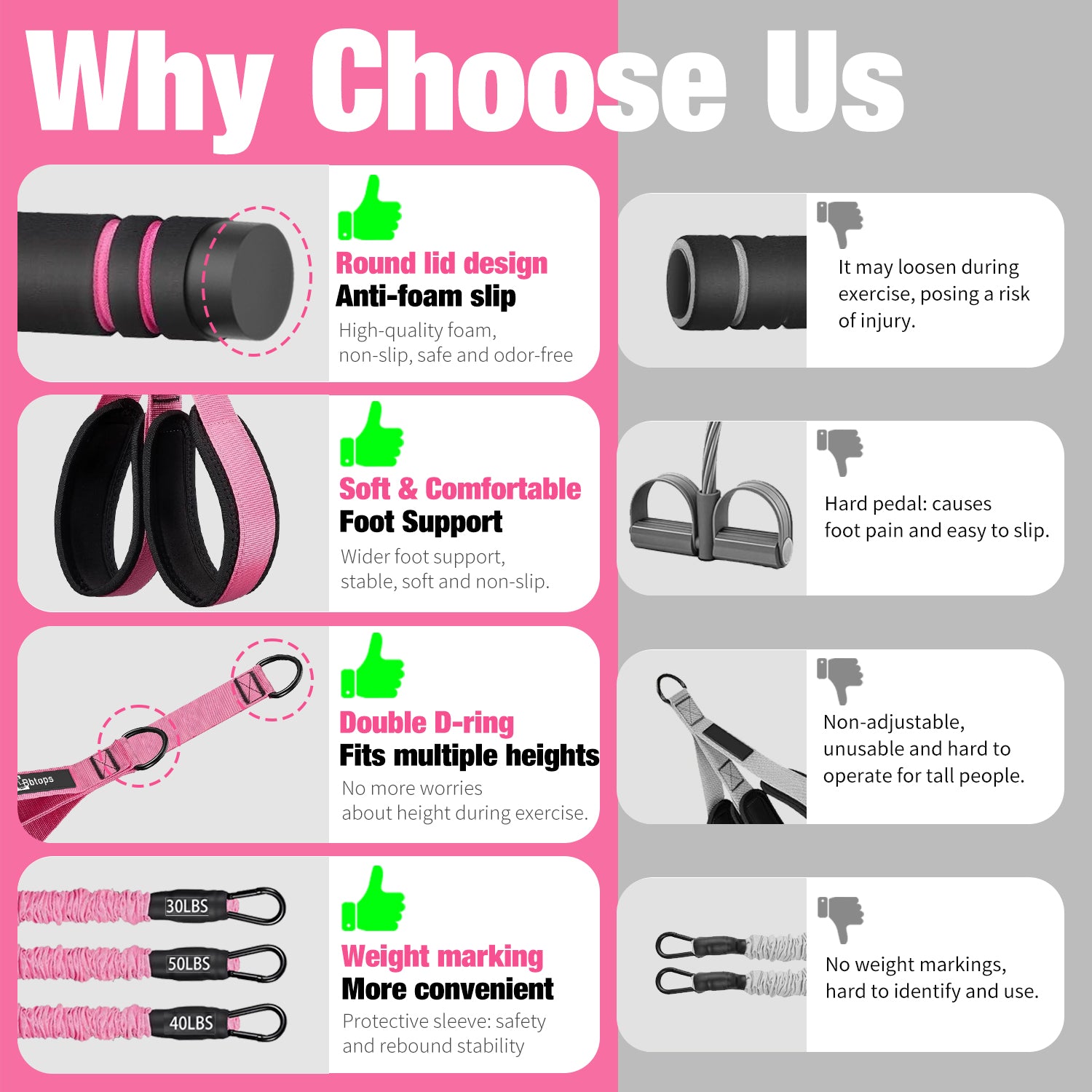 Bbtops Pedal Resistance Band with Handle, 30-120LBS Adjustable 3-Tube Foot Resistance Bands for Home Workout, Core Abs Legs Arms Training, Portable Sit Up Exercise Equipment for Women Men Pink