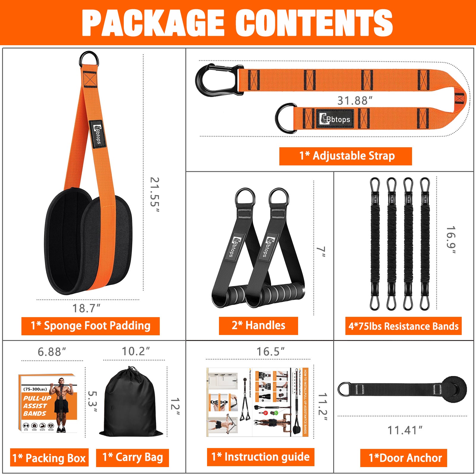 Pull Up Assistance Bands Set, 300 lbs Max Heavy Duty Resistance Bands with Adjustable Strap, Non-Slip Handle & Door Anchor, Full Body Strength Training Workout Equipment for Home Gym Fitness Orange