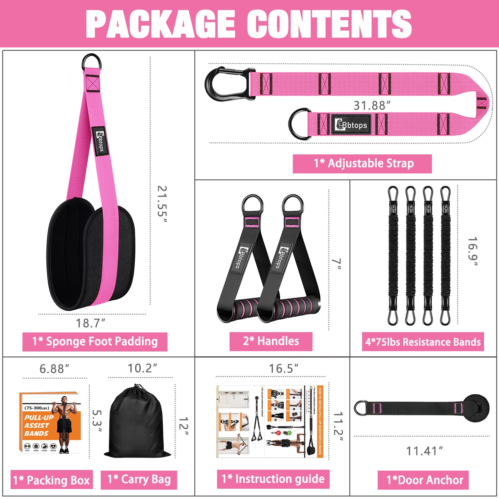 Pull Up Assistance Bands Set, 300 lbs Max Heavy Duty Resistance Bands with Adjustable Strap, Non-Slip Handle & Door Anchor, Full Body Strength Training Workout Equipment for Home Gym Fitness Pink