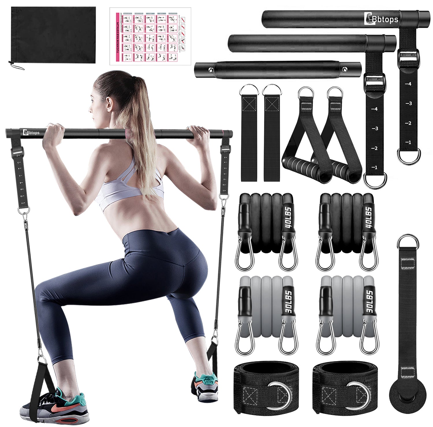 Bbtops Pilates Bar Kit with Resistance Bands,Pilates Bar with Stackable Bands Workout Equipment for Legs,Hip,Waist and Arm,Exercise Fitness Equipment for Women & Men Home Gym Yoga Pilates Black
