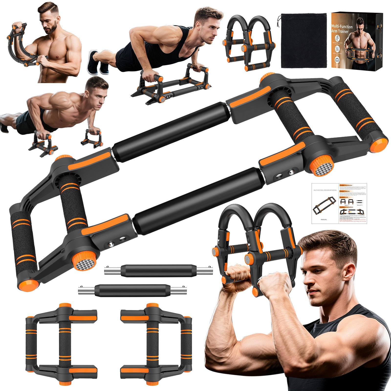 Twister Arm Trainer - 3-in-1 Adjustable Chest Workout Equipment,Portable Home Gym Chest & Arm Workout, Push Up Bars, 60-140lbs Resistance for Men Women Orange